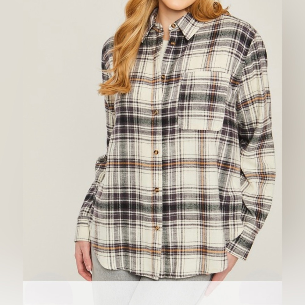 New Plaid Flannel Shirt Top Button Front Long Sleeve Black Pocket